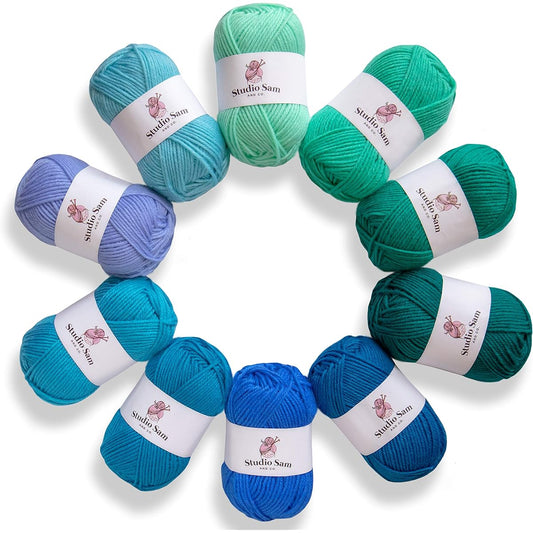 Studio Sam Acrylic Yarn Set - 10 Large 50g Skeins, 1030 Yards Total for All Knit, Crochet, and Craft Projects (Seagrass Collection)