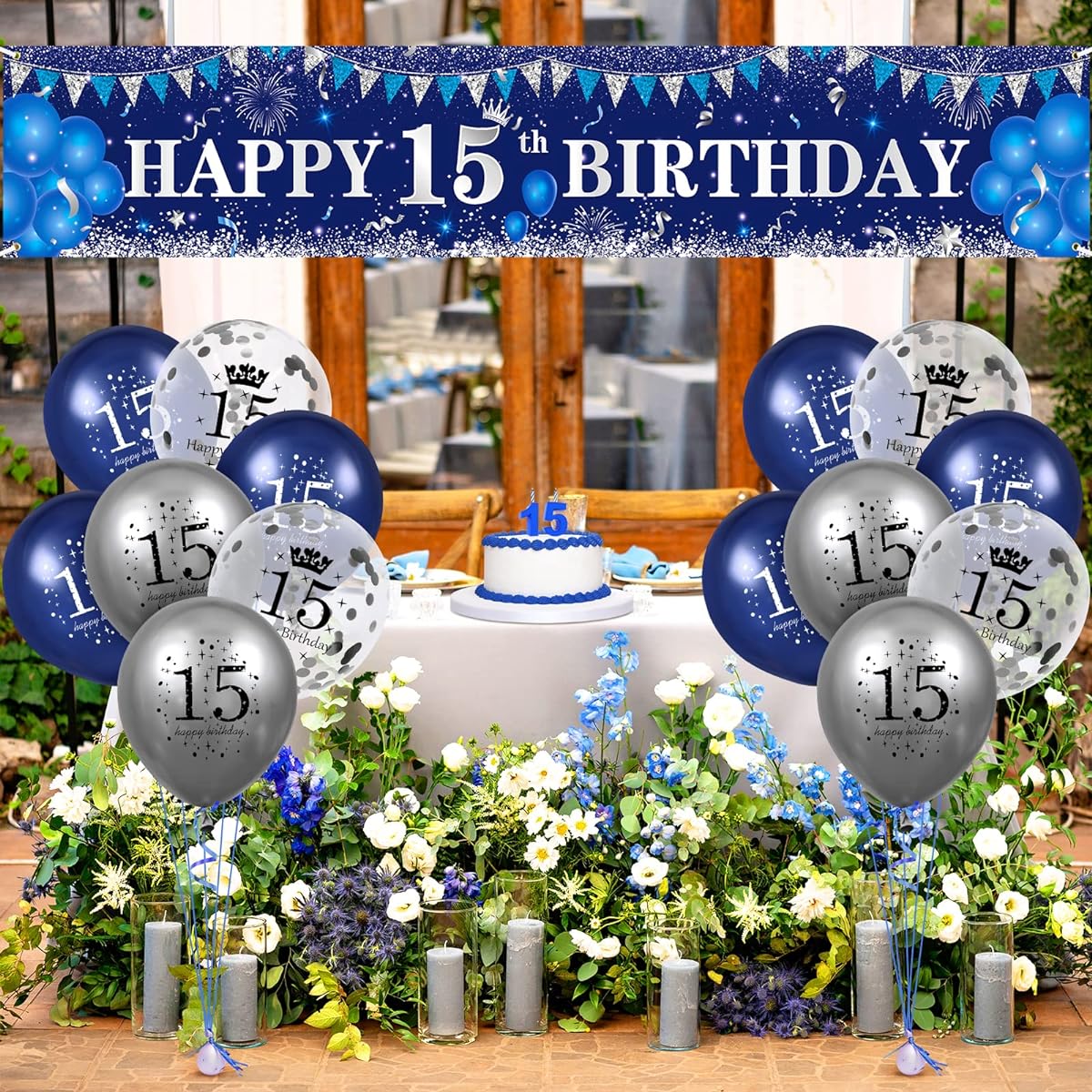 Blue 15th Birthday Decorations for Boys and Girls, Navy Blue and Silver Happy 15th Birthday Yard Banner, 15th Birthday Balloons, 15th Birthday Anniversary Party Supplies