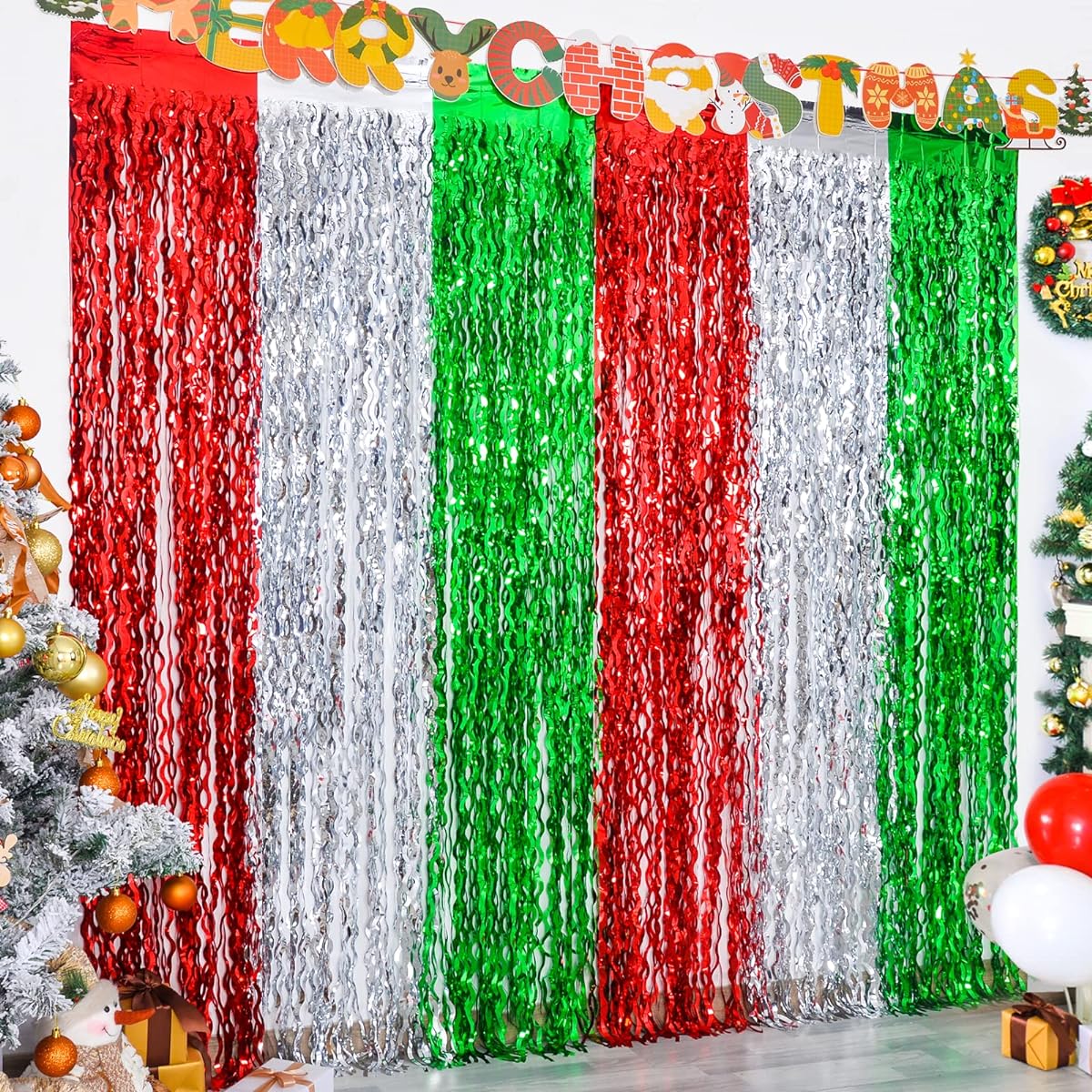 LOLStar Christmas Foil Fringe Curtain Christmas Party Decorations 3.3x6.6ft Red Silver Green Wavy Tinsel Fringe Party Photo Backdrop Streamer Backdrop for Christmas New Year Ugly Sweater Party