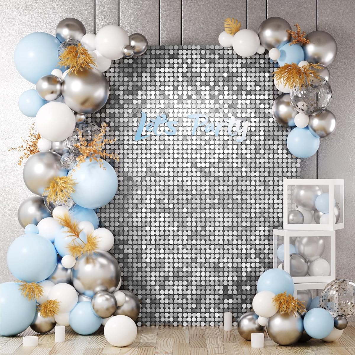 COKAOBE Silver Shimmer Wall Backdrop, 24 Panels Round Sequin Shimmer Backdrop Photography Background for Birthday Anniversary Wedding Graduation Bachelorette Party Decorations