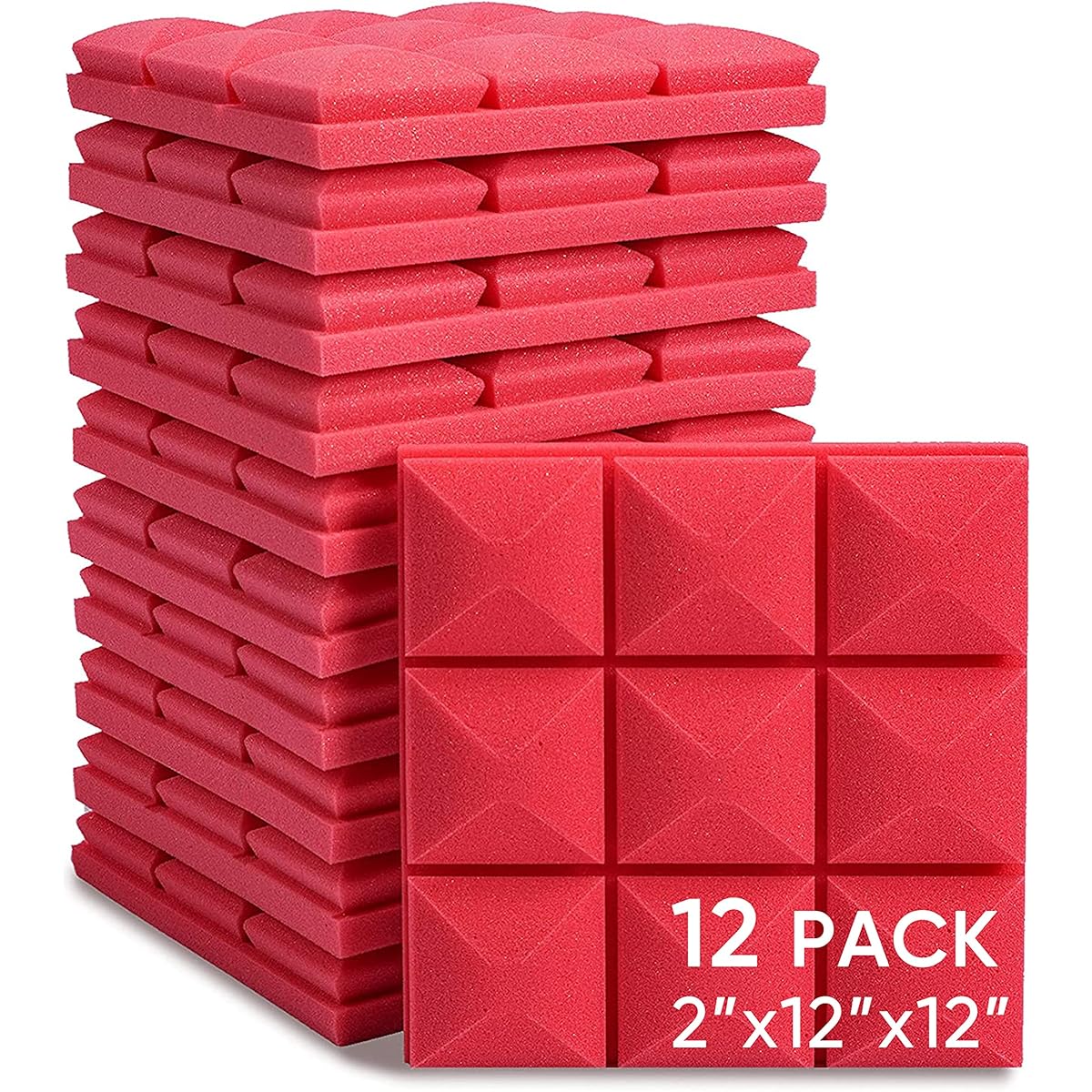 Fstop Labs Acoustic Foam Panels 12 Pack Red 2" x 12" x 12" Mini Mushroom Studio Wedge Tiles Sound Panels Acoustic Foam Panels Soundproofing Pads for Walls