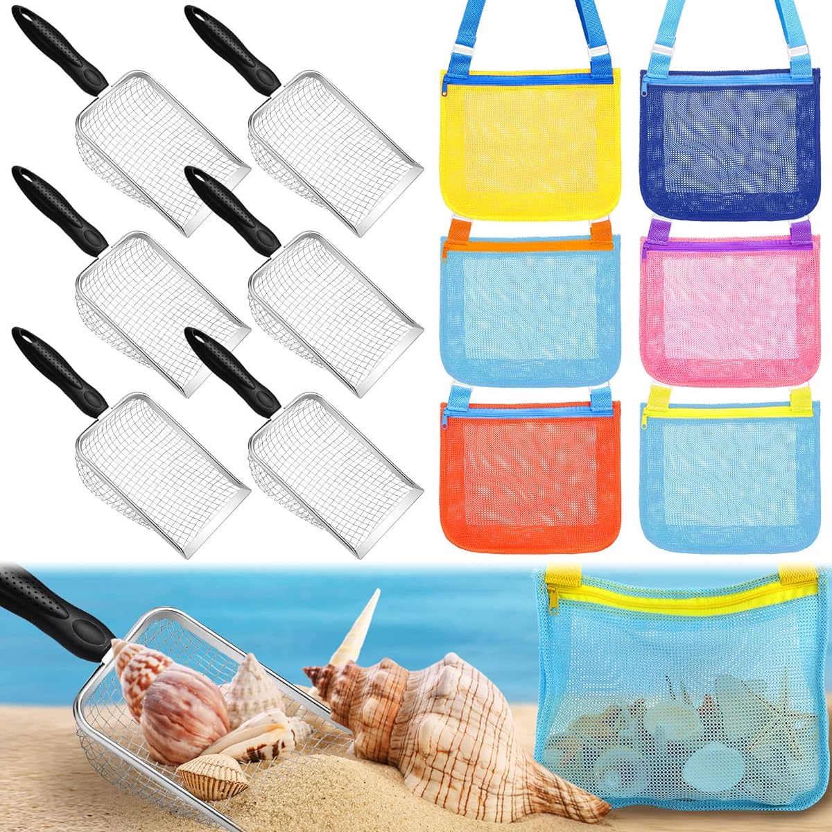 Lenwen 12 Pieces Beach Mesh Shovel with Mesh Beach Bag Seashell Bag Seashell Collecting Bag with Sand Sieve for Boys and Girls Pick Up Seashells Beach Supplies