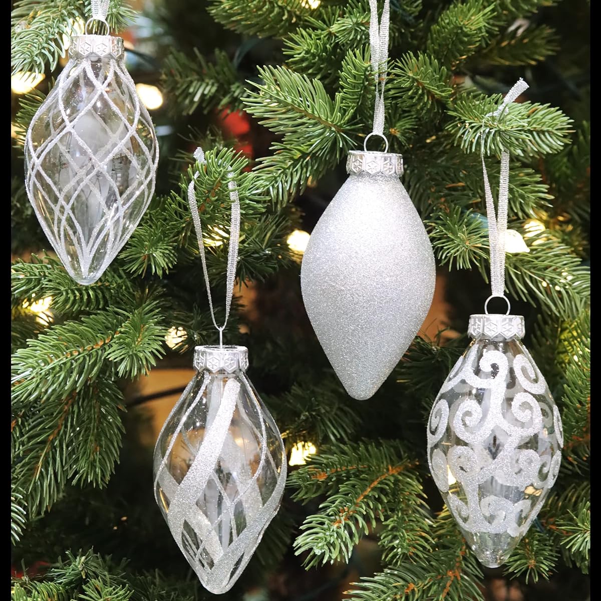 Sleetly Silver 3 Styles with Ribbon Hanger Christmas Tree Teardrop Pendant Drop Finial Ornament with Ribbon Hanger