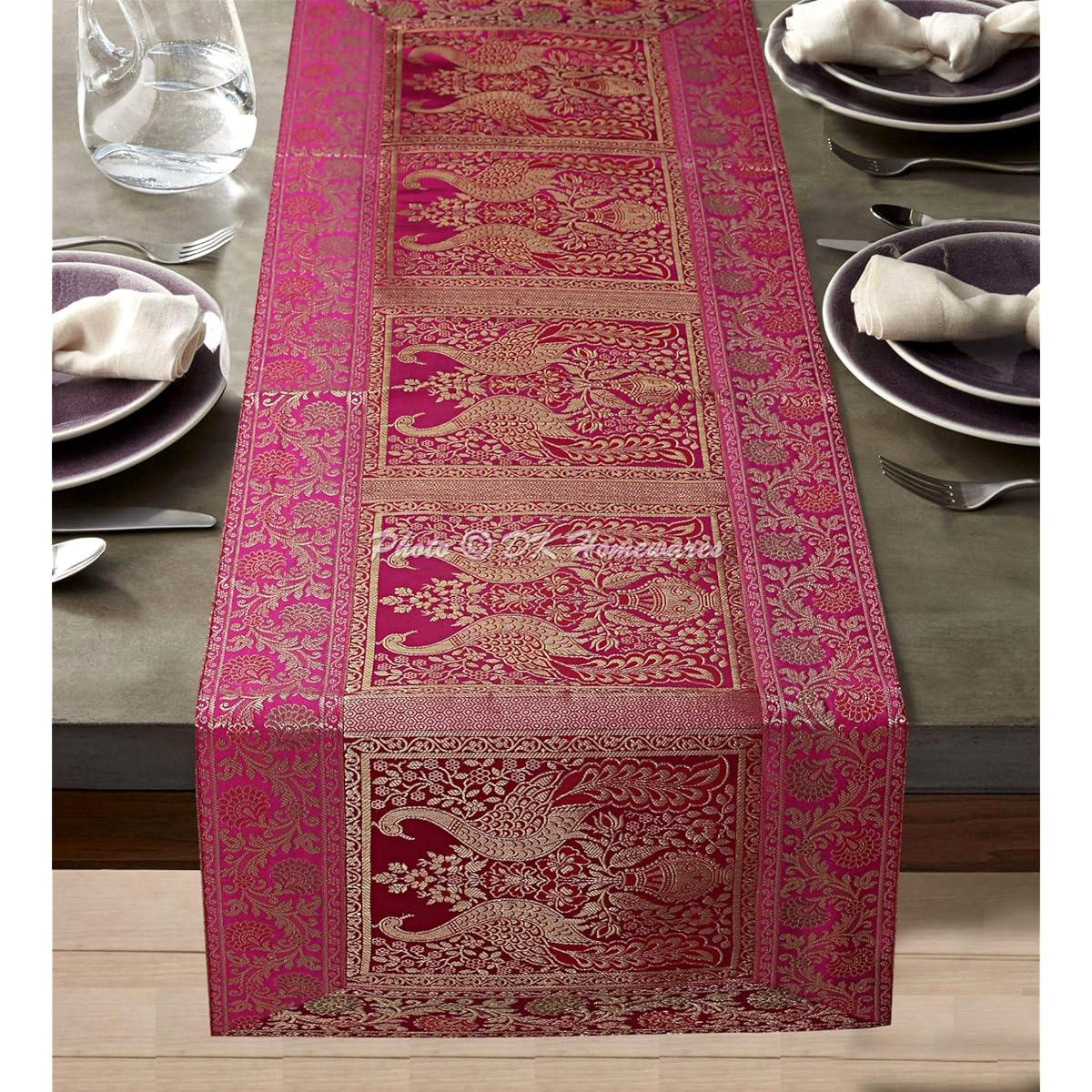 DK Homewares Indian Ethnic Centerpiece Wedding Coffee Table Decor Brocade Magenta Gold 150 x 40 cm Jacquard Peacock 5ft Table Runner (60X16 Inch)