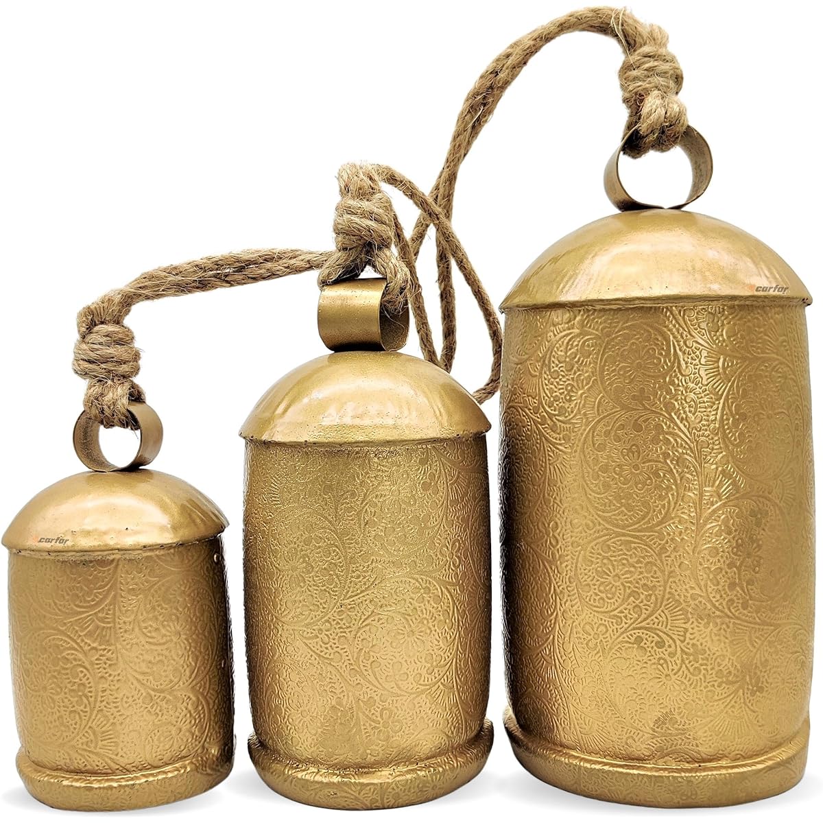 Carfar Set of 3 Etched Flora Style Large Bell Handmade Metal Harmony Christmas Hanging Cowbell Complete Set