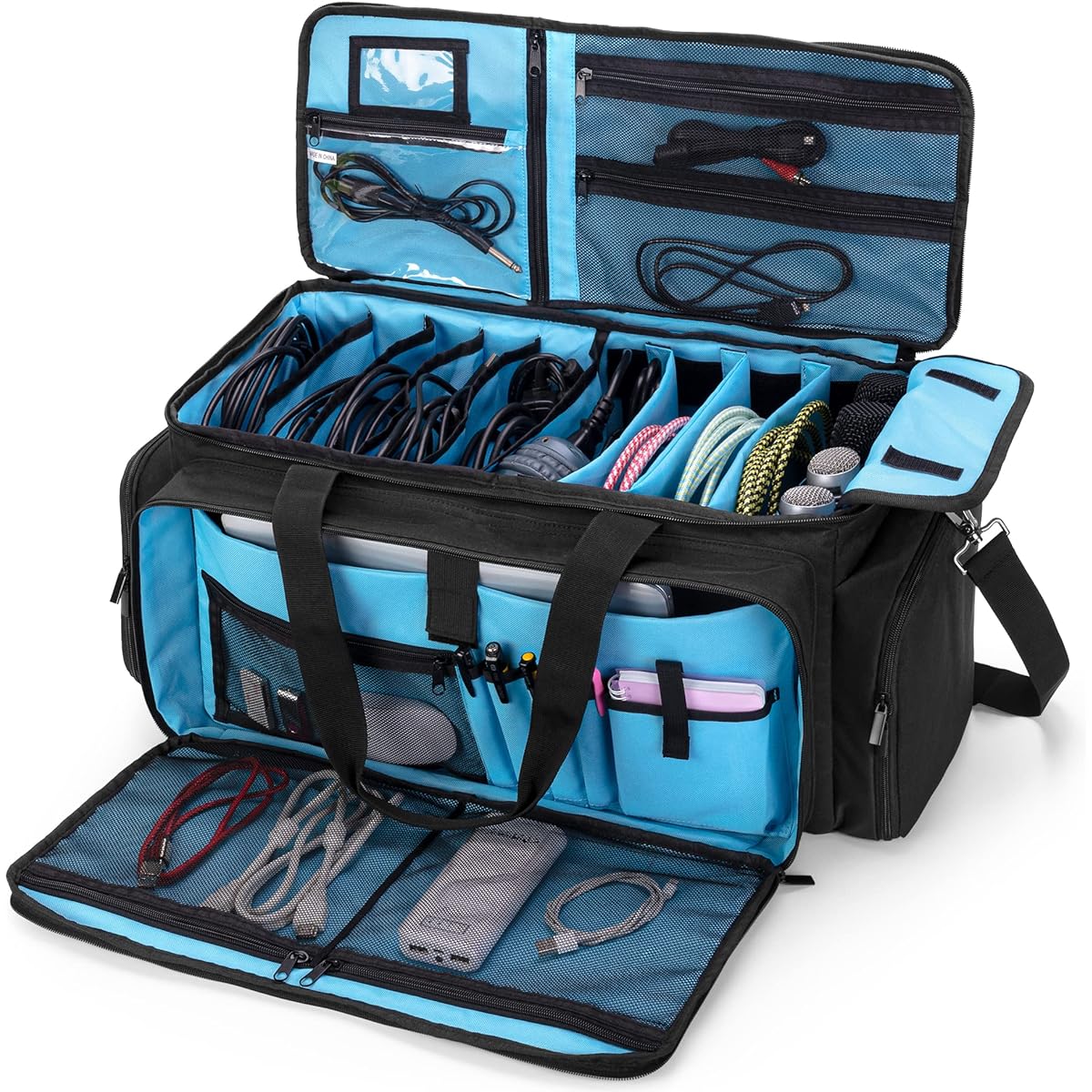 HODRANT Large DJ Gig Bag Travel DJ Cable File Case with Padded Bottom & Removable Divider DJ Gear Storage Organizer for Microphone, 14" Laptop, Sound Equipment & Instruments, Black Bag Only