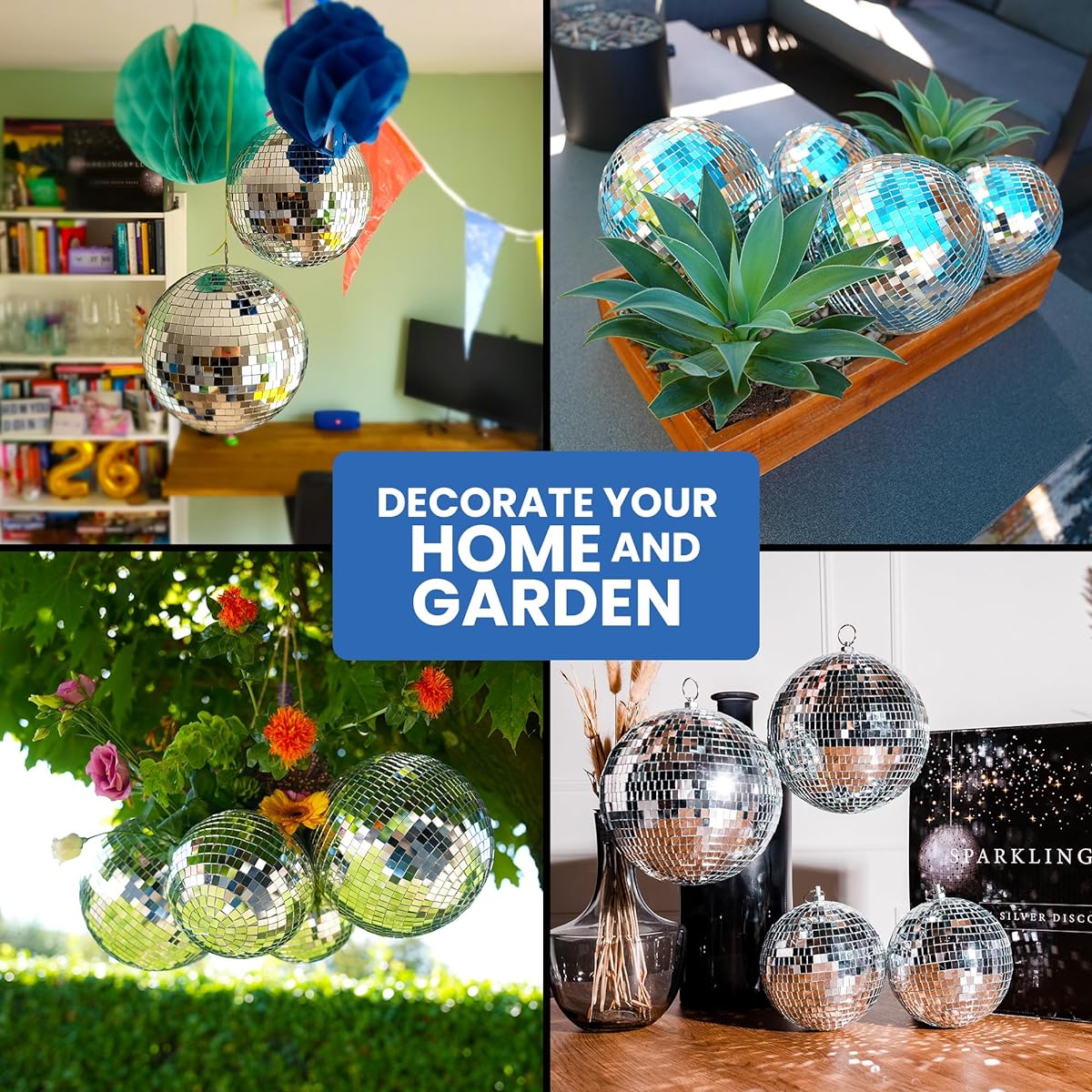 SPARKLINGBALLS - Set of 4 Large Silver Disco Balls - 2 8" Mirror Balls and 2 6" Mirror Balls - Large Hanging Disco Ball Home Decoration - Small Funky Disco Ball Bulk Party Decorations