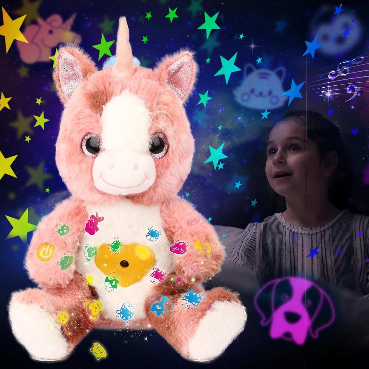 Cuteoy Plush Pink Unicorn Star Projector Musical Adjustable Singing Night Light Stuffed Animal Luminous Plush Toy Gift for Birthday Easter Christmas 12"