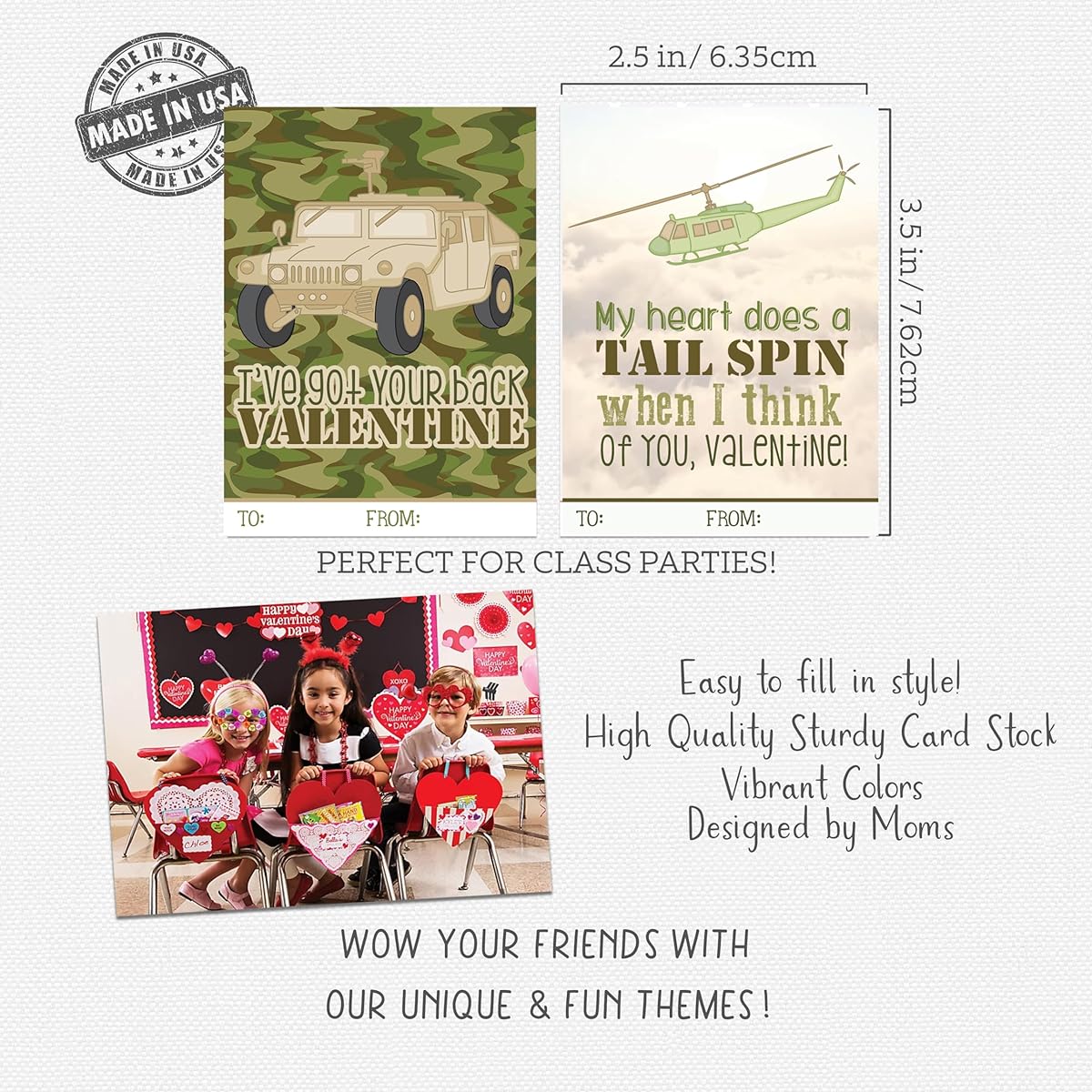 Silly Goose Gifts Army Military USA Theme Valentine's Day Card Set (Set of 25) Valentine Classroom Sharing Exchange Gift for Kids Camouflage Tank