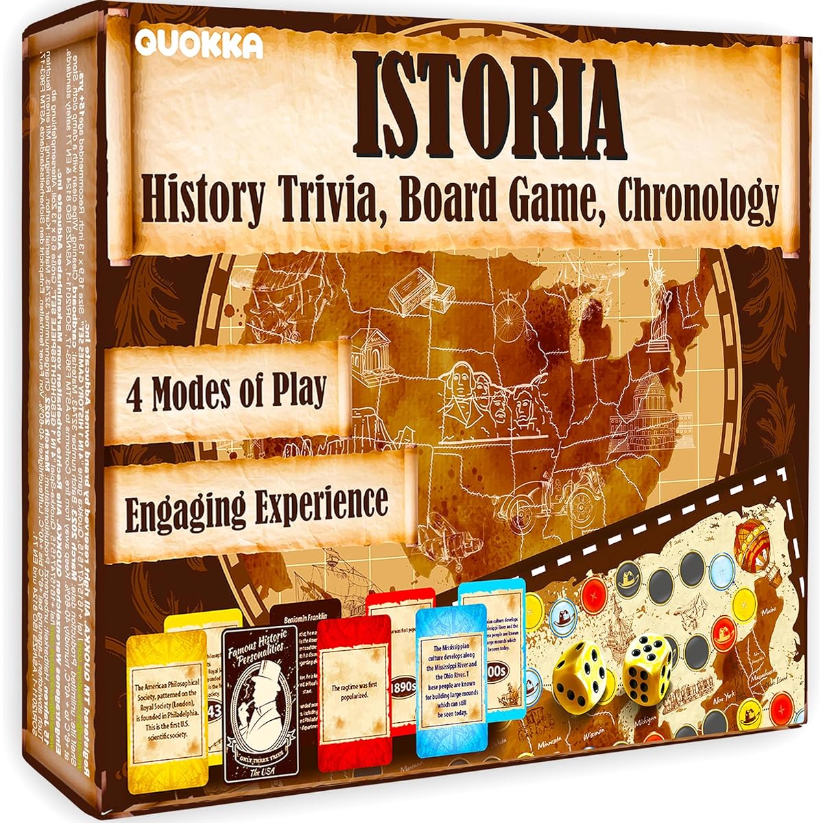 Quokka 4in1 History Trivia Game for Adults - 500 Learning Cards Chronology Board Game - Educational Game for 2+ Players for Family Night Out - Historical Personalities | History | Science
