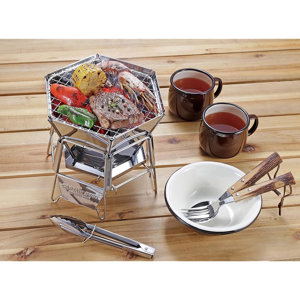 CAPTAIN STAG Bonfire Stand Barbecue Stove Grill 2 in 1 Hexa Stainless Steel Fire Grill Tabletop Grill S Size Stainless Steel Storage Bag Included UG-94