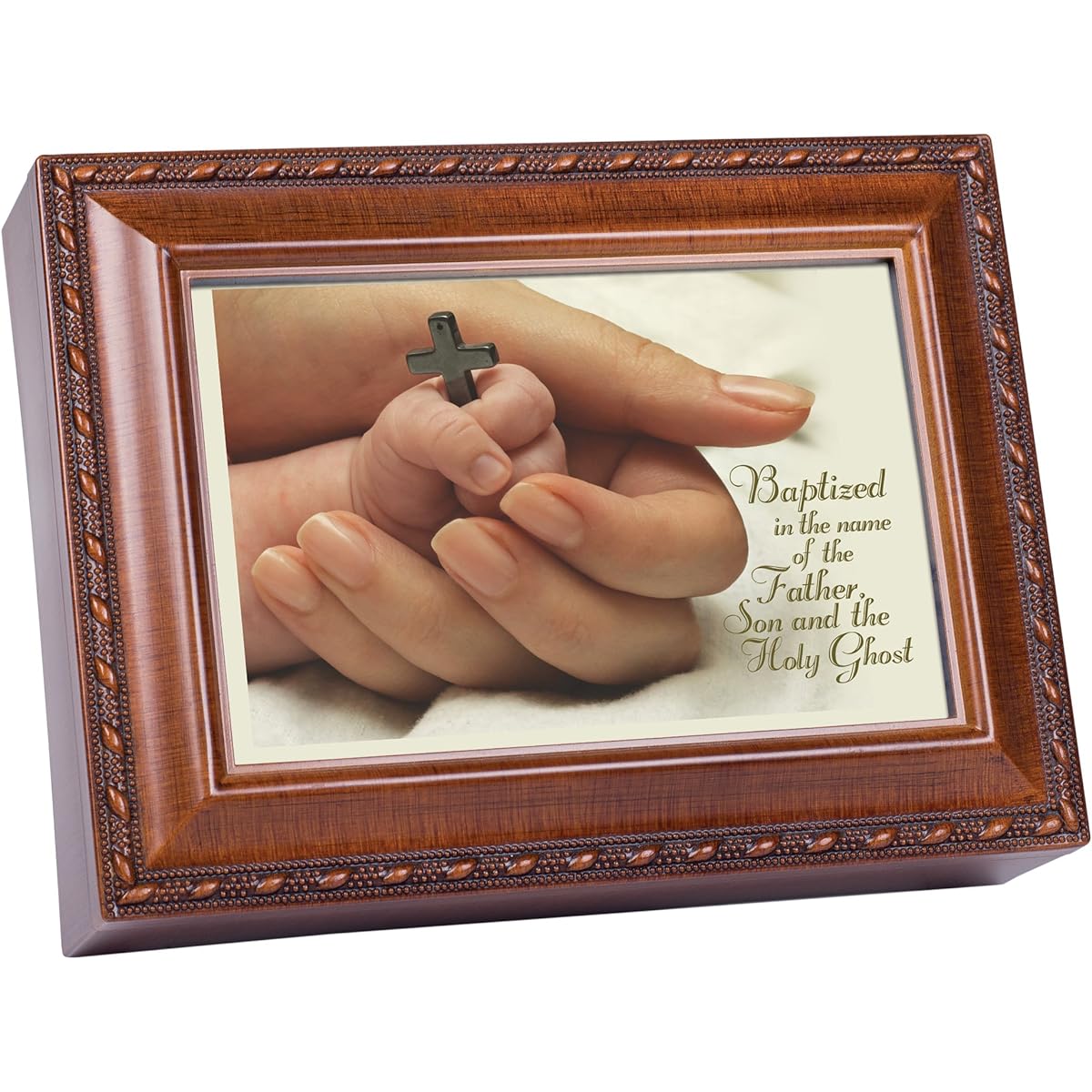 Baptized in the Name of Wood Grain Finish Music Jewelry Box - Plays Jesus Loves Me