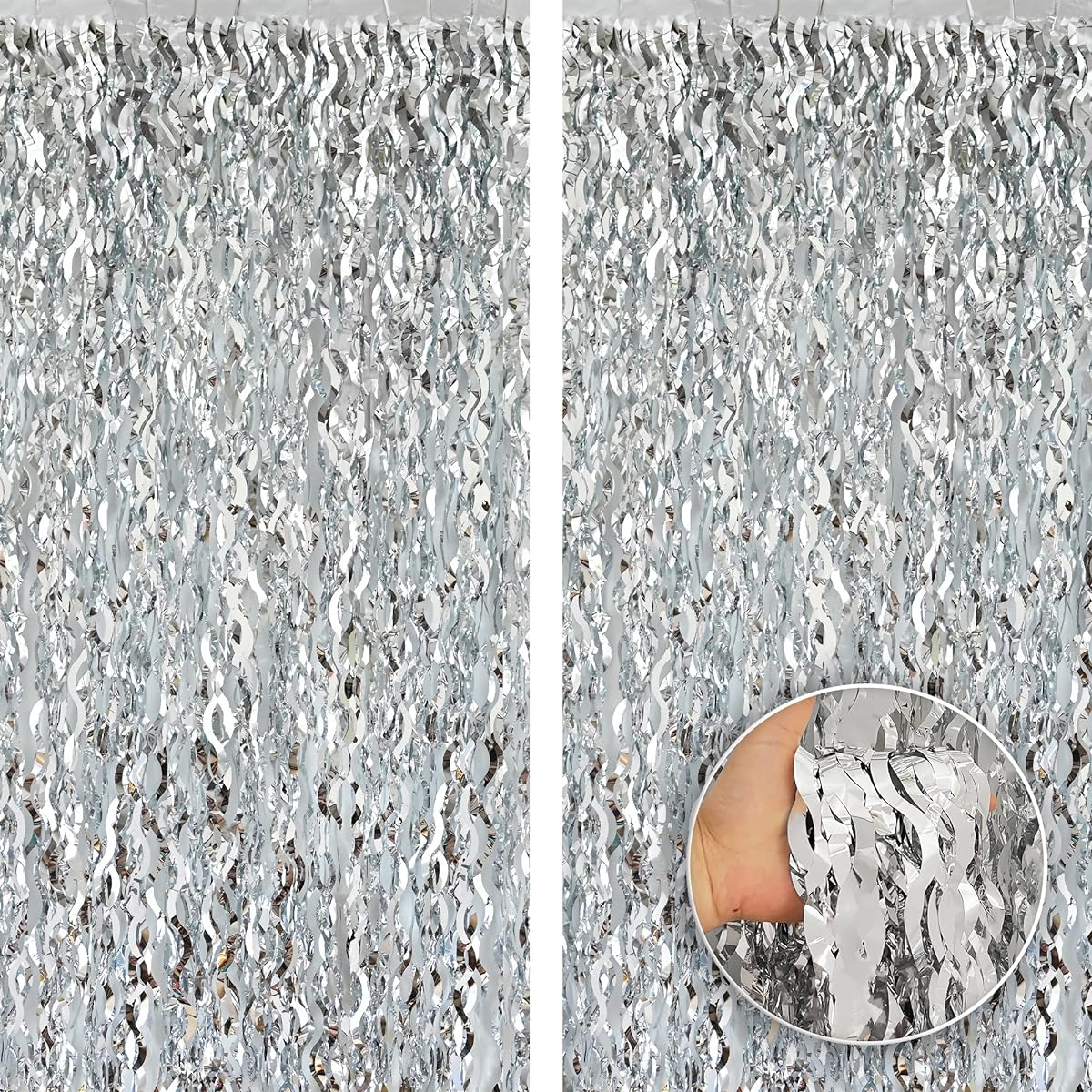 KatchOn Extra Large Wavy Silver Backdrop for Parties - 6.4x6.5ft Set of 2 | Backdrop for Disco Party Decorations | Silver Fringe Backdrop Silver Party Background | Mamma Mia Party Decorations