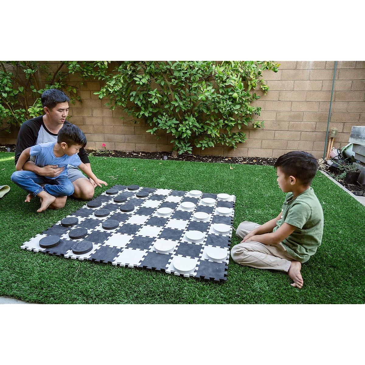 SWOOC Games - 2-in-1 Reversible Giant Checkers & Tic Tac Toe Game (4' x 4') - 100% High Density EVA Foam Mat & Pieces - Extra Large Checkers, Extra Large Checkerboard and Yard Sized Tic Tac Toss