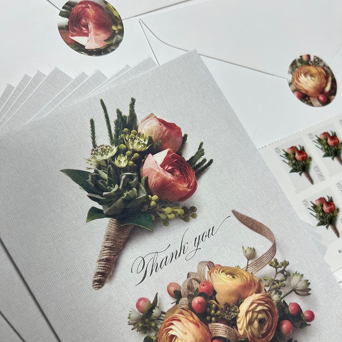 IM Customized Celebration Boutonniere & Celebration Corsage Thank You Note Card Envelope Seal Forever Stamp (10 Sets)
