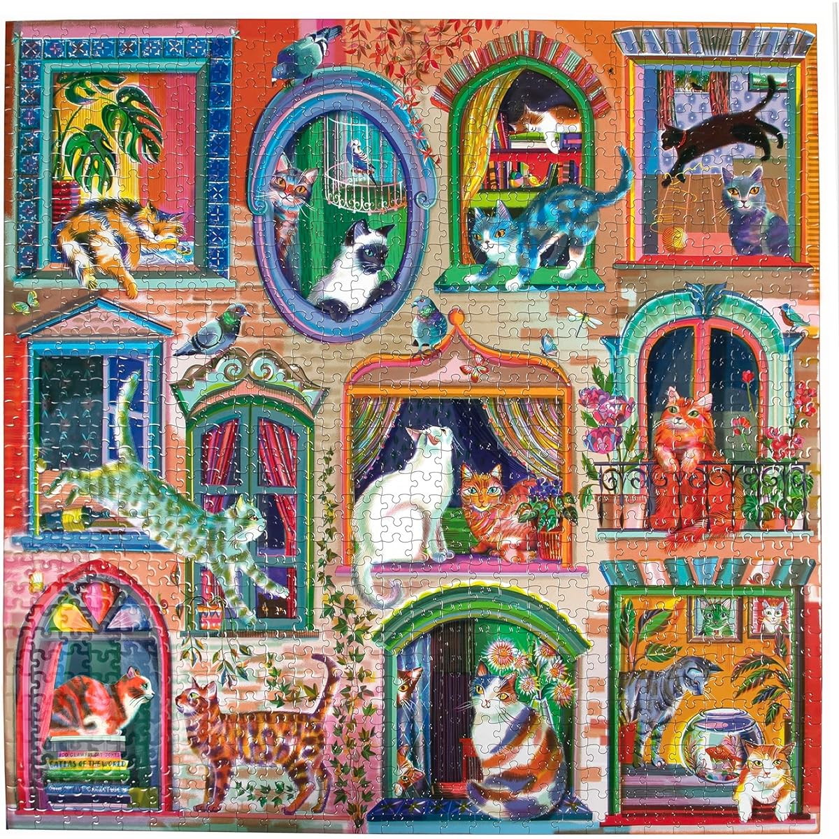 eeBoo Piece & Love: Cat in Window - 1000 Piece Puzzle - Adult Square Jigsaw Puzzle 23x23 with Image Reference Insert, Glossy Pieces