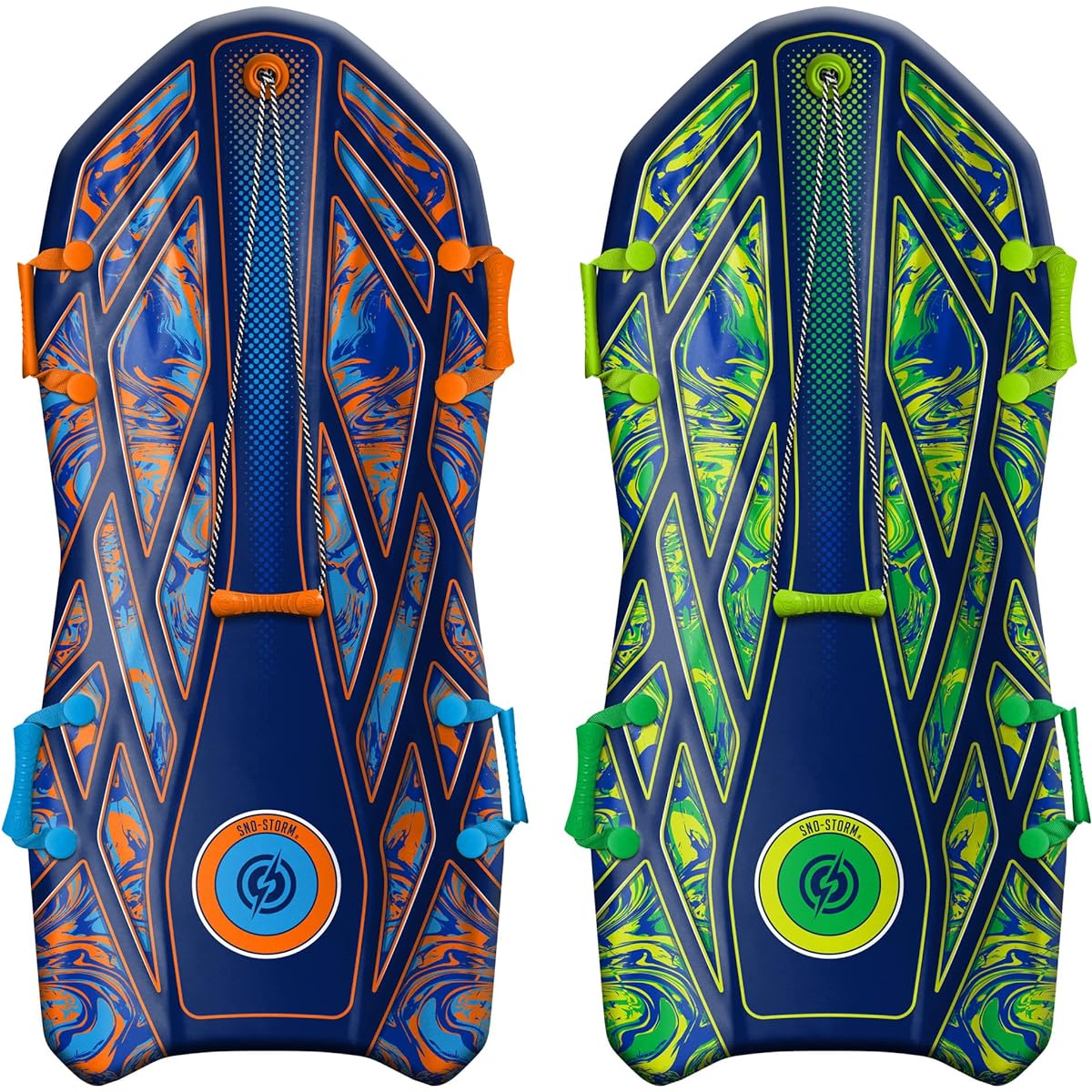 Sno-Storm Premium Foam Snow Sleds 2 Pack | Foam Recreational Snow Sleds | Tow Rope and Handles | Youth and Adult Sizes | Contoured Deck Design | 50" - 127cm Long |