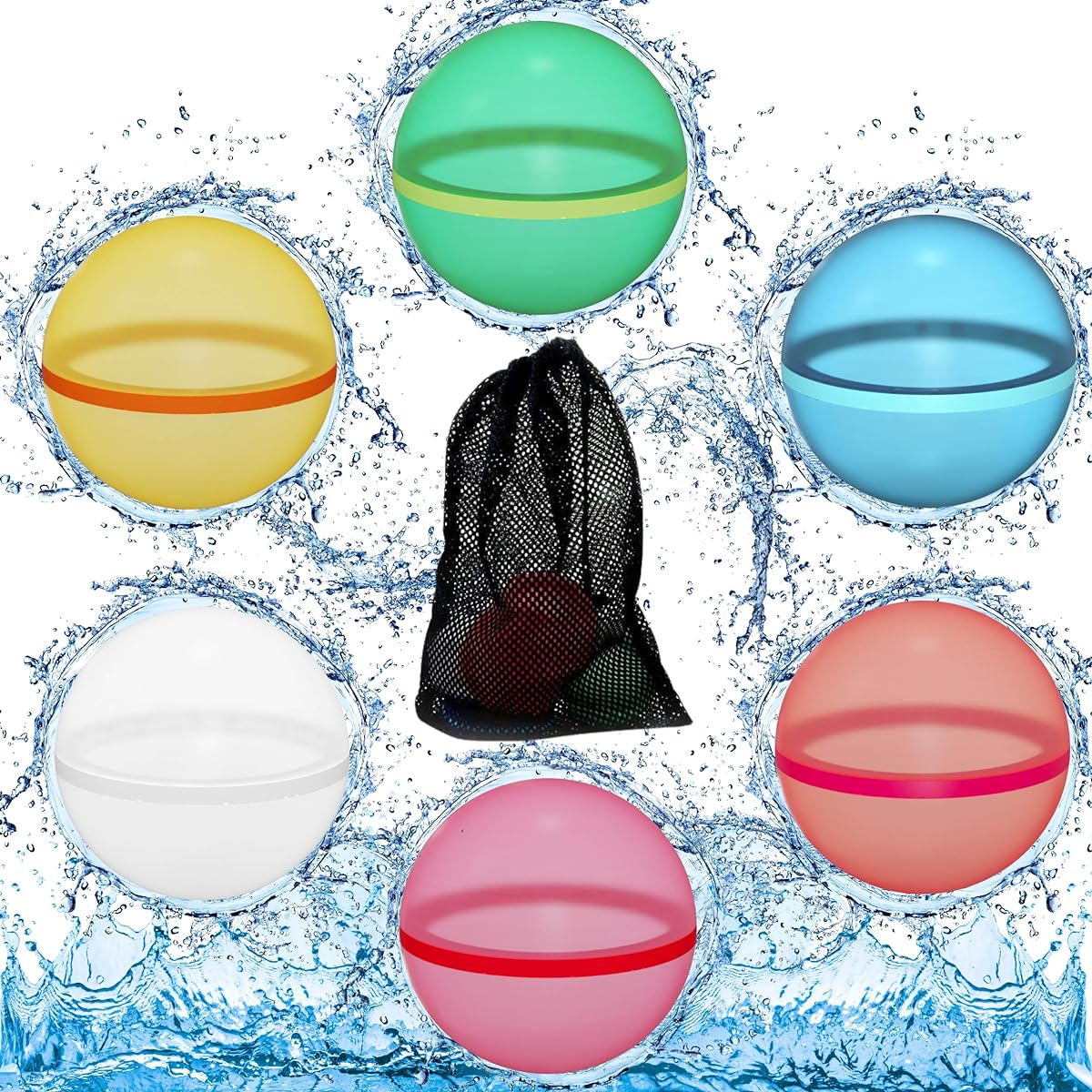 Reusable Water Balloons - 6 Pack Refillable Water Balloons for Kids - Silicone Splash Balls for Outdoor Games and Parties