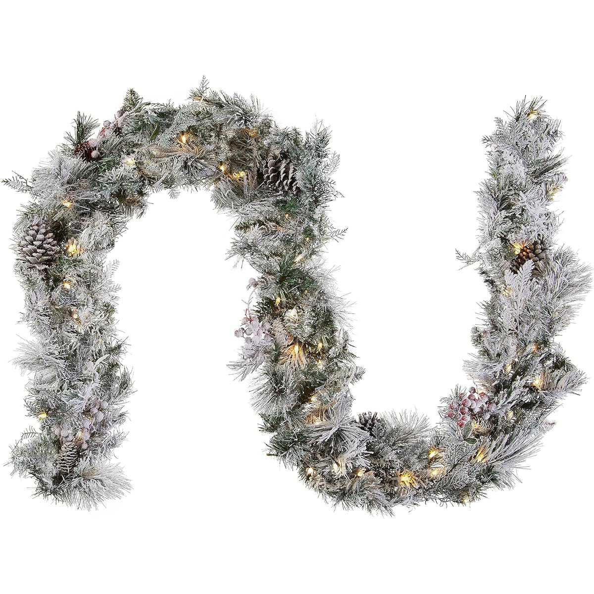 National Tree 9 ft. Snow Bedford Pine Garland with Mixed Cedar Leaves, Berries and Cones, 70 Pieces, Battery Operated, Warm White LED Lights, Timer (SBE1-308-9B-B1)