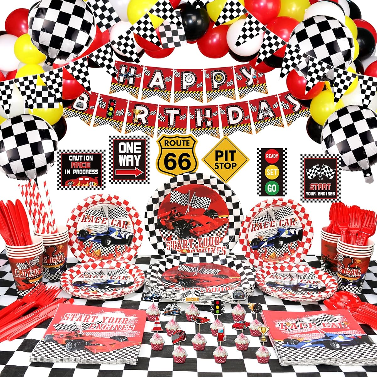 Race Car Birthday Party Supplies, Race Car Tableware Set, Check Flag Party Decorations, Boys Car Party Theme Decorations, Racing Party Supplies, Serves 20 (B)