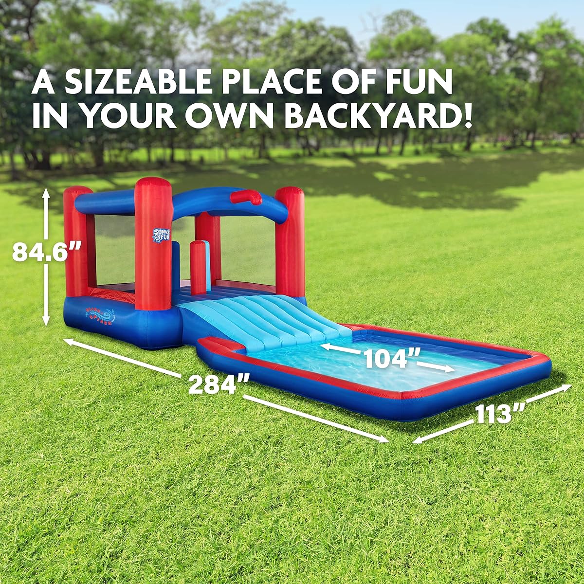Sunny & Fun Slide N' Splash Bounce House Inflatable Water Slide Park - Heavy Duty Outdoor Fun with Wide Slide & Splash Pool - Easy to Set Up & Inflate, Air Pump & Carry Case Included