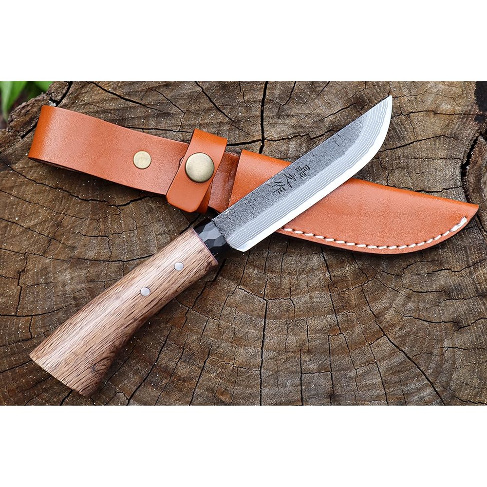 Akinosaku Tosa Shimanto Keiryu Knife 105 Damascus 15 Blue 2 (7+Blue 2+7) Kurotsuchi eyes Double-edged Black circle ring Oak oil stain handle Leather band keiryu-001 Toyokuni sheath knife Forged Outdoor Camping Climbing