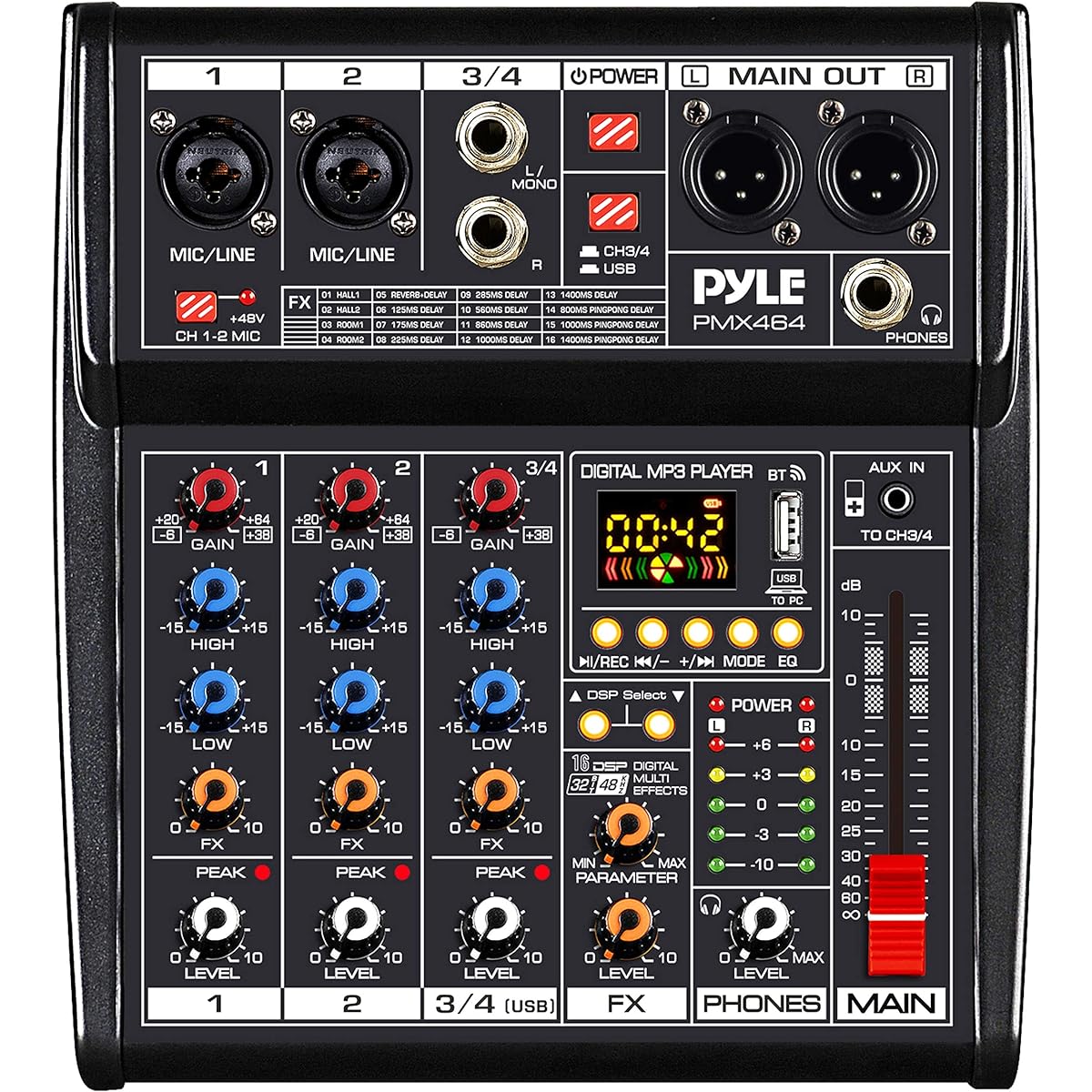 Pyle Professional DJ Audio Mixer Controller - 4 Channel DJ Controller Sound Mixer DSP with 16 Preset Effects USB Interface 2 XLR Mic/Line Inputs AUX FX Processor MP3 Player Headphone Jack PMX464