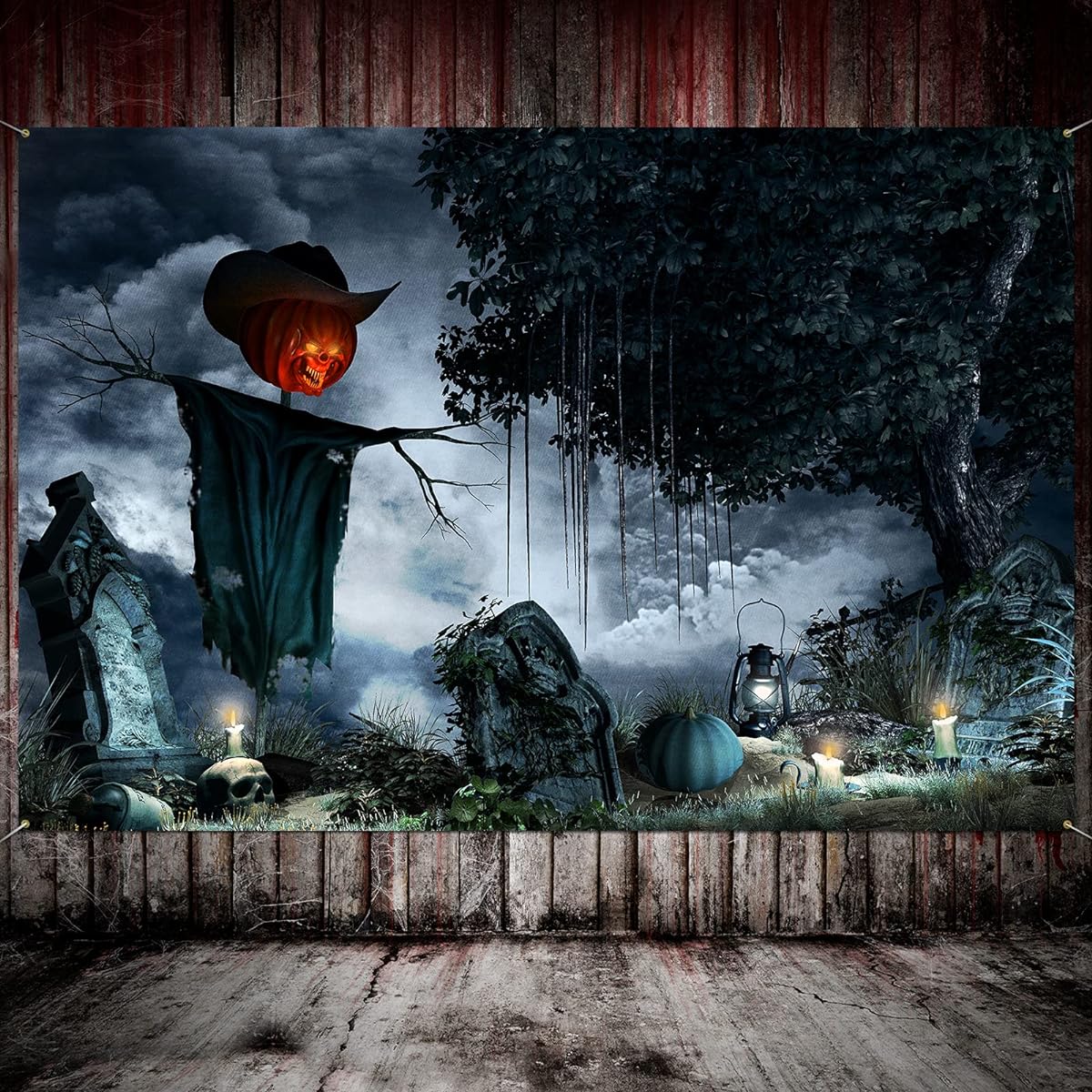 Halloween Theme Backdrop Banner Pumpkin Lantern Spooky Forest Tombstone Horror Theme Happy Halloween Party Decoration Supplies for Boys Kids Black
