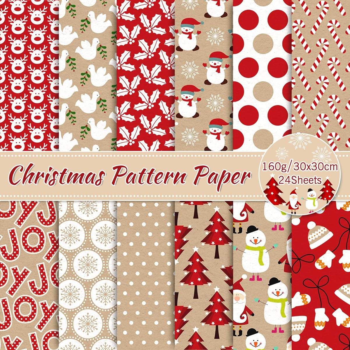 Whaline 24 Pack Christmas Paper 30x30cm Kraft Red Scrapbook Paper Double Sided Cute Santa Reindeer Snowman Craft Paper for DIY Card Making Scrapbook Photo Album Decoration 12 Designs