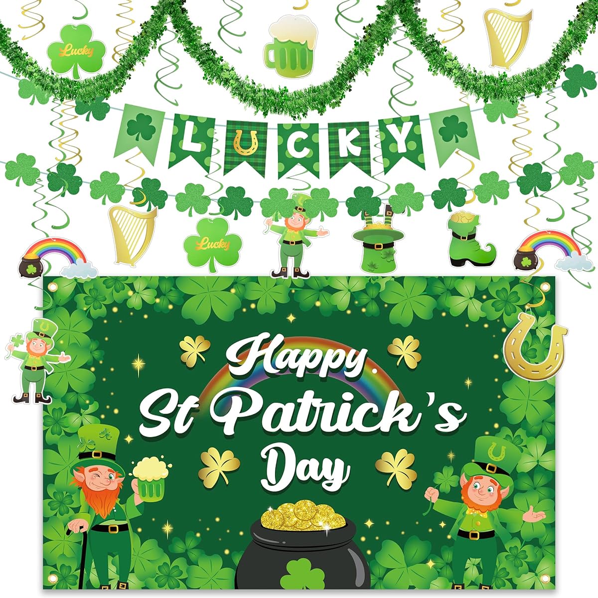 St. Patrick's Day Decorations, St. Patrick's Day Shamrock Party Decorations, 16.4ft St. Patrick's Day Garland, Large St. Patrick's Day Backdrop Banner Hanging Swirls Irish Ornaments for Garden Porch/Patio Gifts