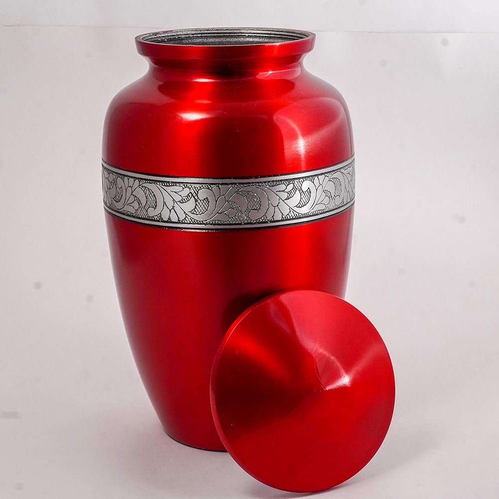 Hind Handicrafts Silver Engraved Aluminum Cremation Urn for Human Ashes Adult - Handmade Funeral Memorial Ashes Storage Urn - Includes Bag 6.5" x 6.5" x 10.5" - 200 lbs. Red