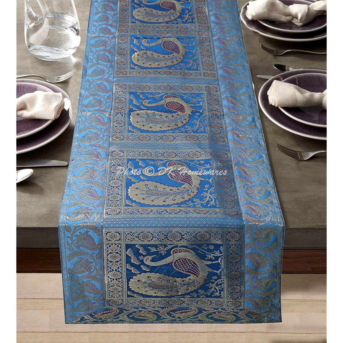 DK Homewares Traditional Ethnic Birthday Party Home Decoration Brocade Tablecloth Turquoise Gold 150 x 40 cm Jacquard Peacock 5 ft Table Runner (60 x 16 Inch)