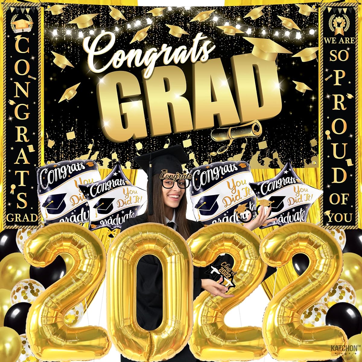 Giant Graduation Party Decorations 2022 - Pack of 40 | Graduation Banner for Graduation Photo Booth Props 2022 | Gold 2022 Balloons | Black and Gold Graduation Decorations 2022 | Graduation Balloons