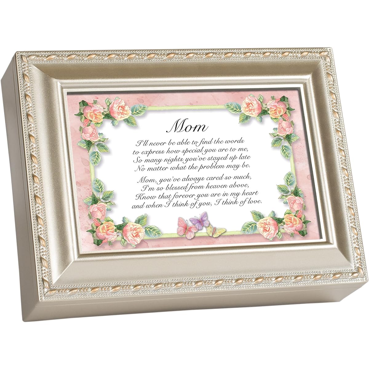 Mother Floral Butterfly Champagne Silver Finish Music Jewelry Box Plays Wind Beneath My Wings