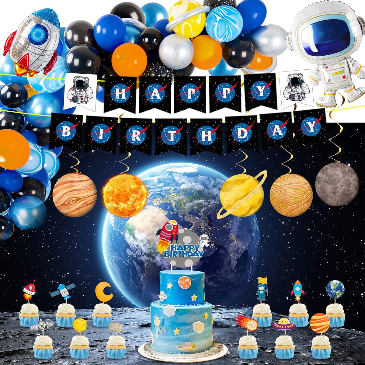 Space party supplies, 87 pcs party decorations. Rocket balloons, solar system swirl decorations, cupcake toppers, astronaut themed birthday banner, backdrop.