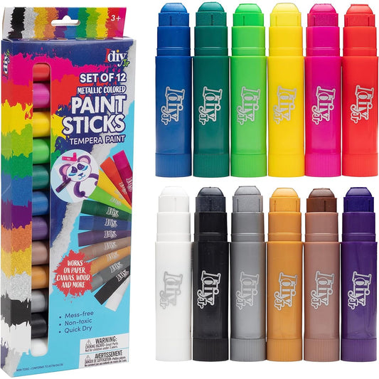Idiy Tempera Paint Sticks (12 Pack Metallic Vibrant Colors) - All Classroom School Supplies Art & Craft Projects, Draw & Paint on Wood, Paper, Ceramic, Canvas! Fast Drying, Non-Toxic, No Stain
