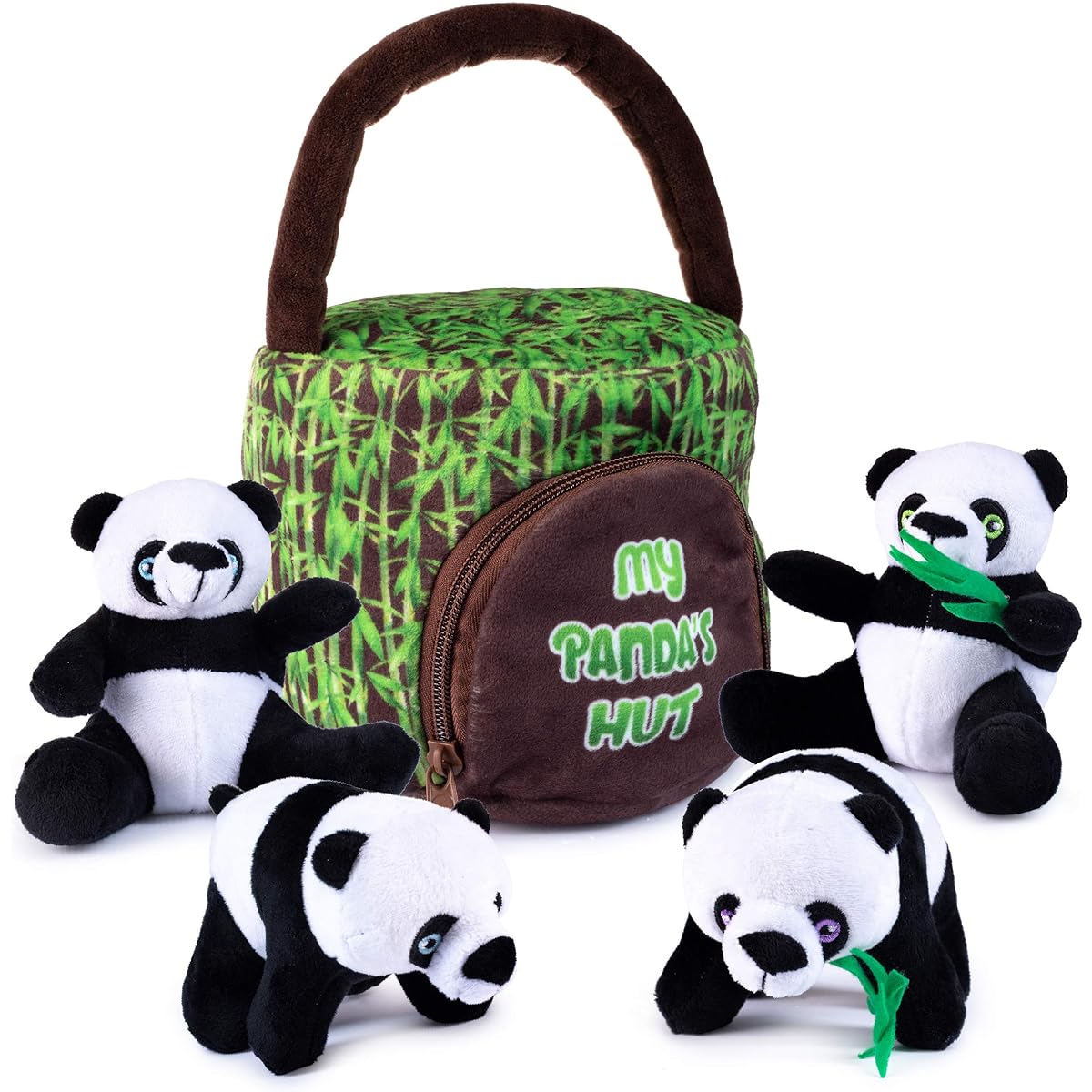 My Talking Plush Panda Hut Stuffed Animal Set | Includes 4 Talking Soft Plush Pandas | Plush Panda Hat Carrier | Great Gift for Baby Toddler Boys and Girls