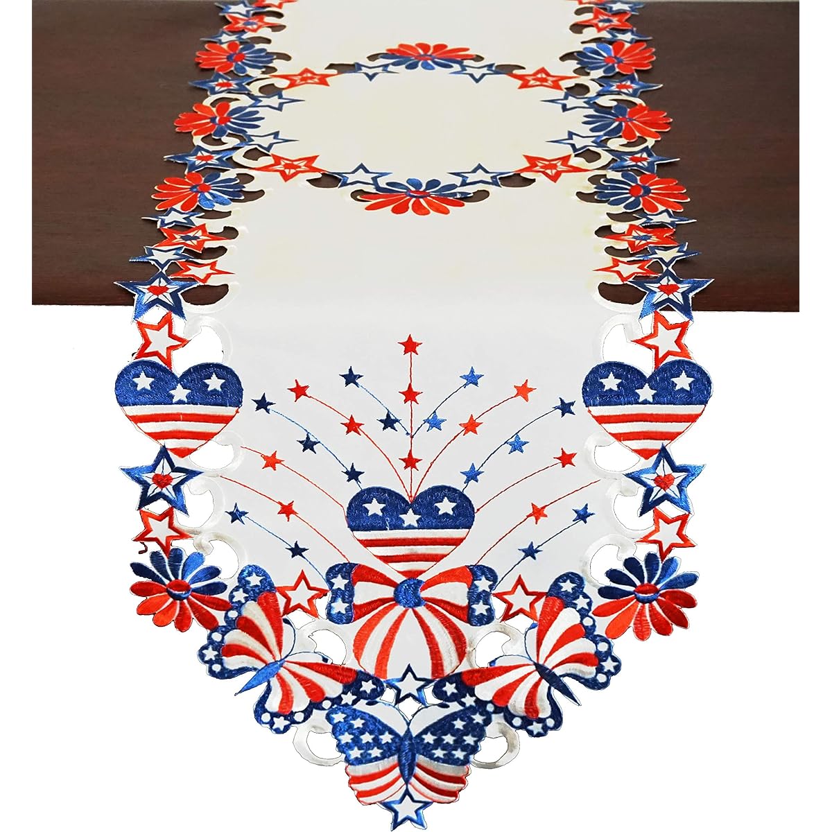 CloudSun 4th of July Patriotic Table Runner American Independence Day Memorial Day Holiday Decoration Embroidered Star Heart Butterfly Floral Crafts 14x54inch RUNNER 14"x54"-1PC