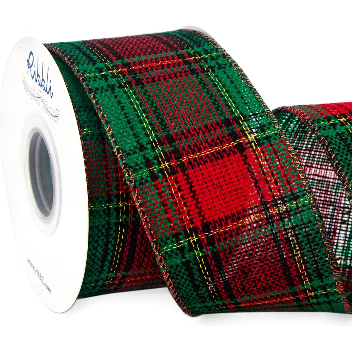 Ribbli Christmas Plaid Wired Ribbon, Red and Green Plaid with Gold Metallic, 2-1/2 Inch x 10 Yard, Christmas Ribbon for Big Bow, Wreath,Tree Decoration, Red/Green/Black/Gold
