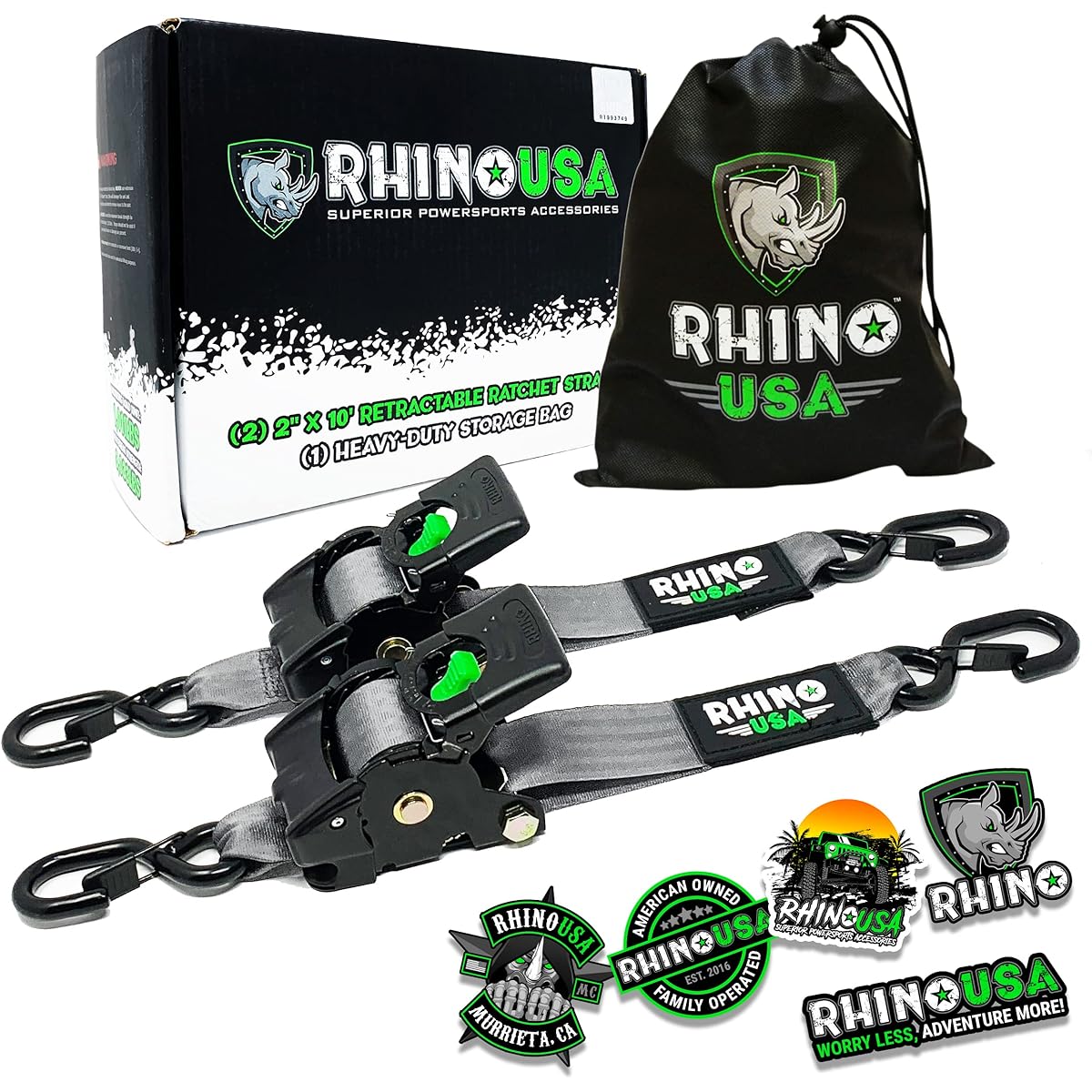 Rhino USA Retractable Ratchet Tie Down Straps (2PK) - 3,033lb Guaranteed Max Break Strength, Includes (2) Ultimate 2" x 10' Autoretract Tie Downs with Padded Handles