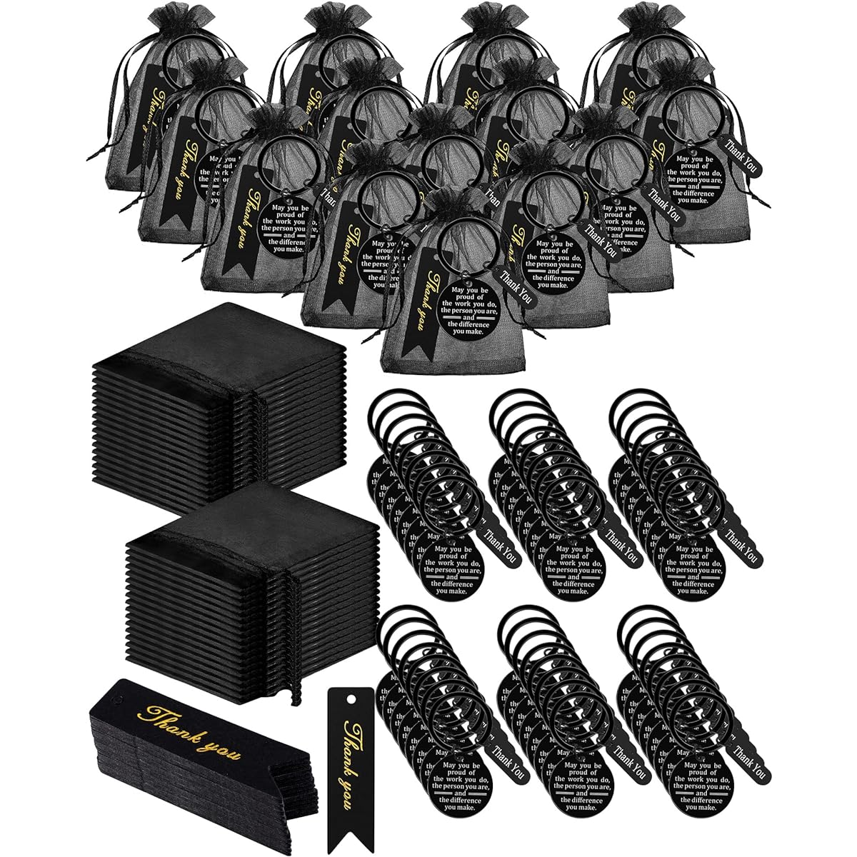 300 Pieces Employee Appreciation Gifts, Bulk Gifts for Colleagues, 100 Inspirational Employee Appreciation Keychains, 100 Thank You Cards and 100 Organza Bags for Office Teachers, Nurse Teams (Black)