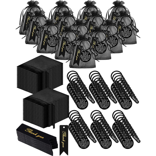 300 Pieces Employee Appreciation Gifts, Bulk Gifts for Colleagues, 100 Inspirational Employee Appreciation Keychains, 100 Thank You Cards and 100 Organza Bags for Office Teachers, Nurse Teams (Black)