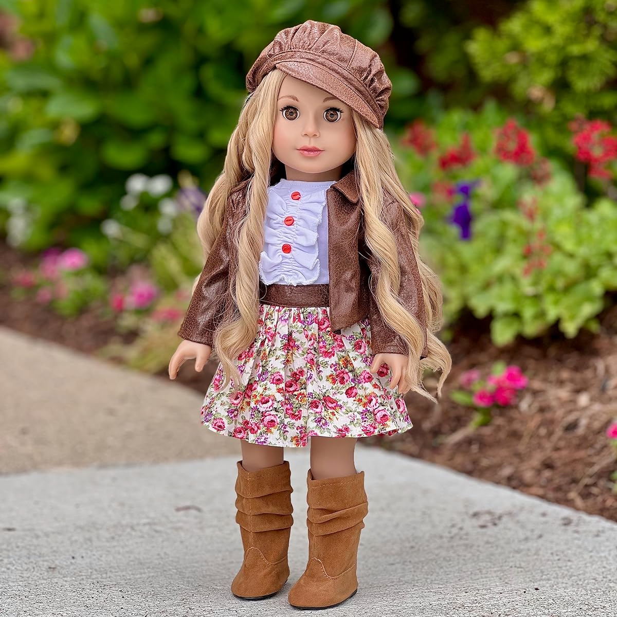 Urban Explorer - 18 inch doll clothes - Brown Motorcycle Jacket with Paperboy Hat, Dress and Boots - (doll not included)