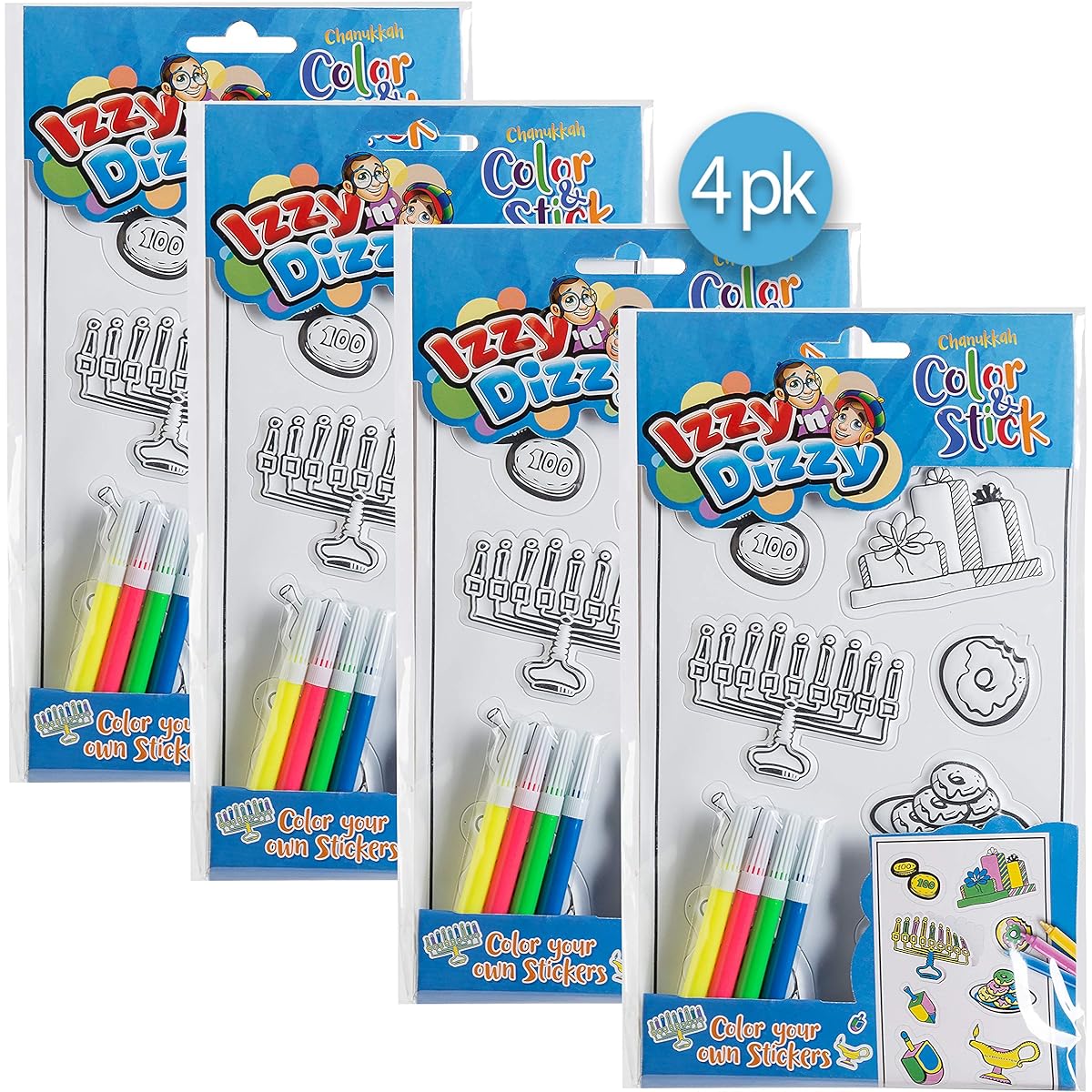 Izzy 'n' Dizzy Hanukkah Color and Stick - 4 Pack - Make Your Own Stickers - 4 Markers Included - Hanukkah Arts and Crafts - Gifts and Games