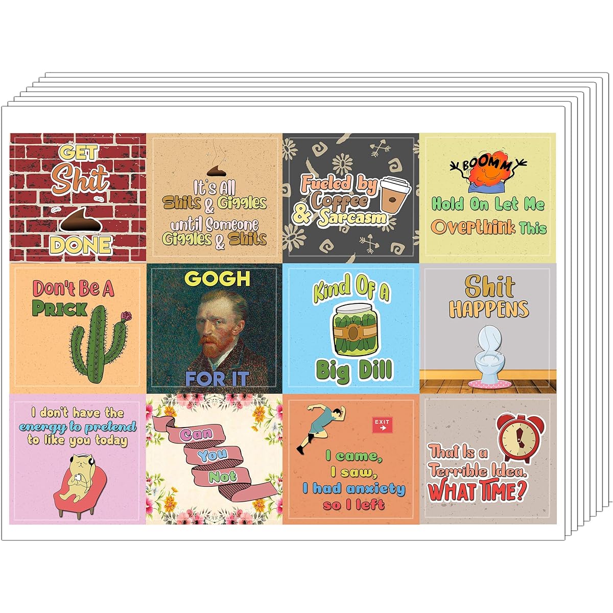 Creanoso Funny Stickers Series 1 - Sarcastic (5 Sheets) - 60 Total Stickers (5 x 12 Sheets) Individual Small 2.1 x 2 Inch Unique Personalized Theme Designs for Flat Surfaces DIY Decoration Art Decals for Kids