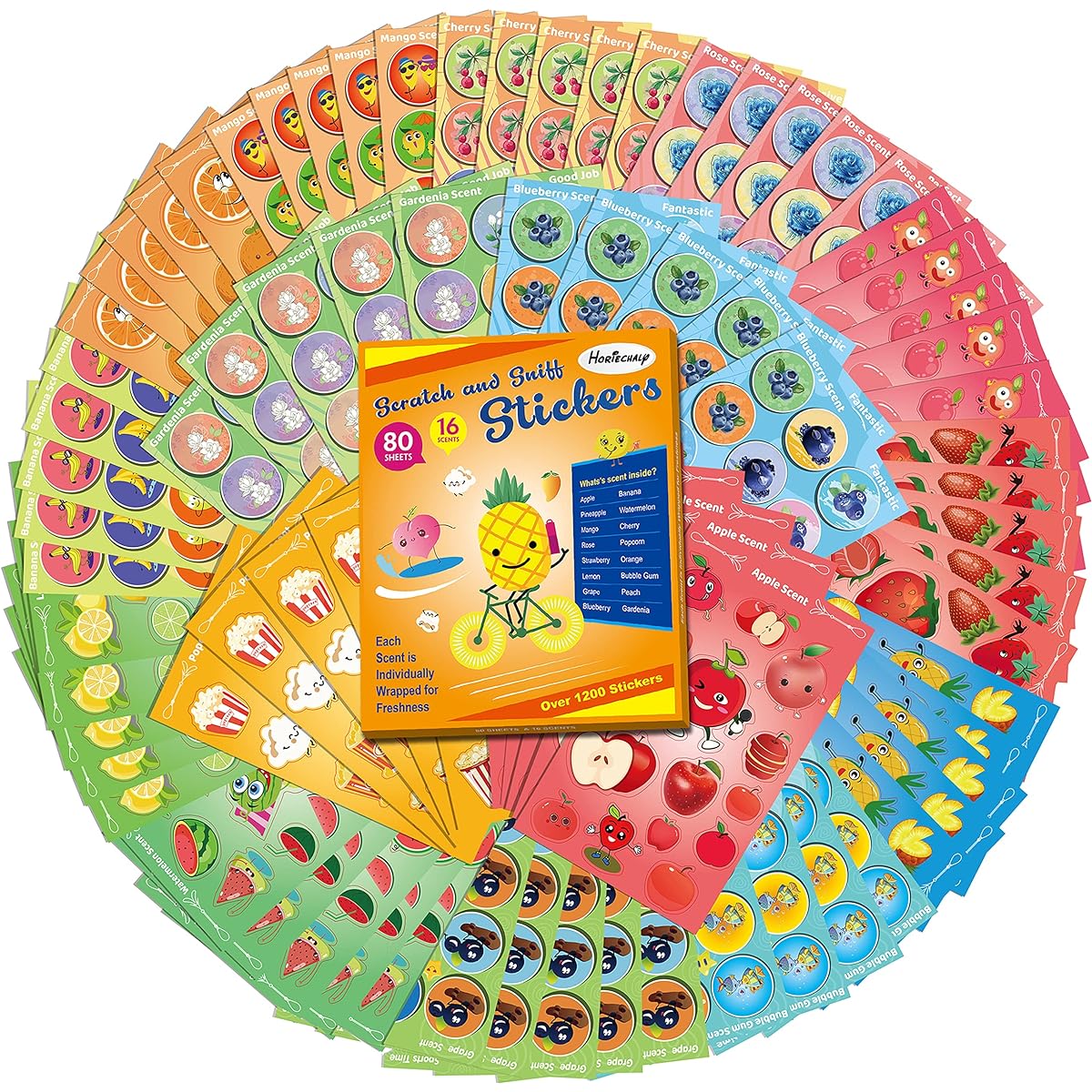 HORIECHALY Scratch & Sniff Stickers, 80 Sheets Scented Stickers, 16 Scented Stickers, Best Choice for Kids & Teachers & Parents, Reward Stickers, Christmas Gifts, Party Favors, Goodies