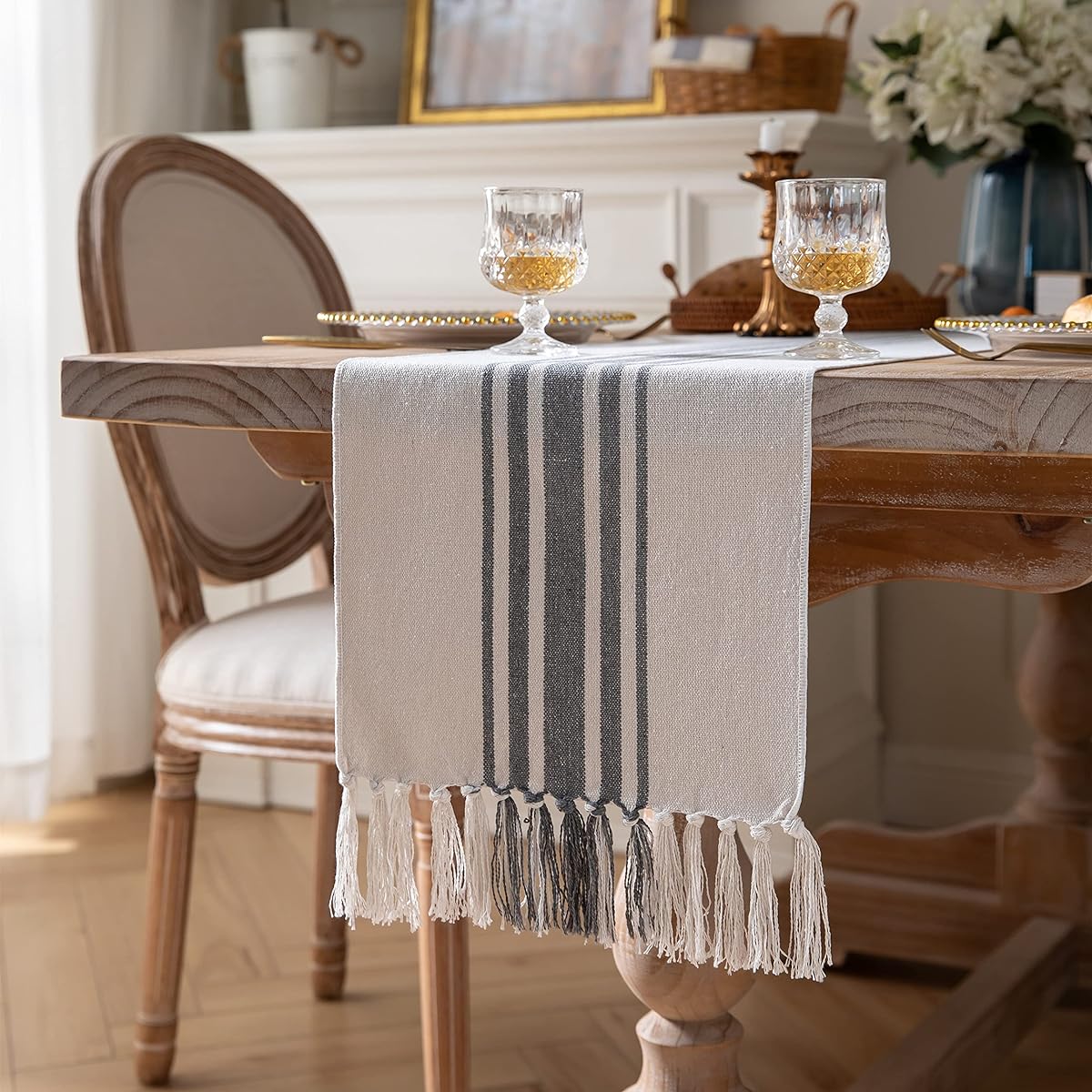 Caflife Boho Table Runner Modern Farmhouse Decor Dining Table Decorations 13" x 108" Long with Handcrafted Tassels Grey and Beige Striped Table Runner for Home Boho Decor