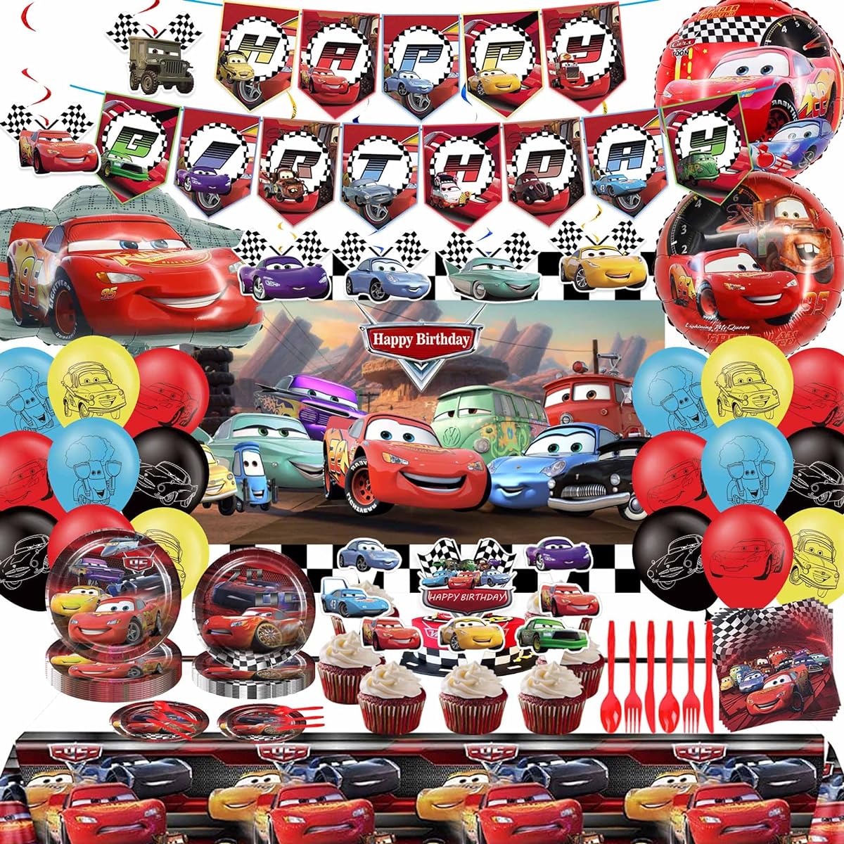 Cars Birthday Party Supplies Lightning McQueen Birthday Party Supplies Decorations with Banner, Foil Balloons, Tablecloth, Plates, Backdrop, Forks for Kids