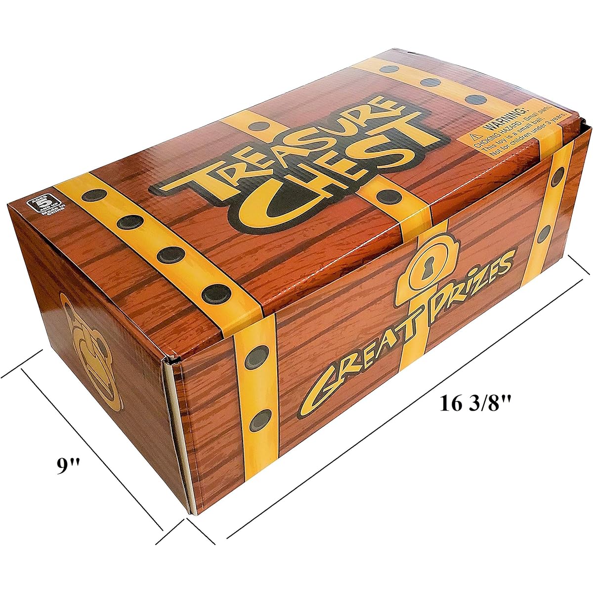 Giant wooden look treasure chest (16" x 9"). Cardboard brown and gold. Easy to assemble. Perfect prop for a pirate themed birthday party!