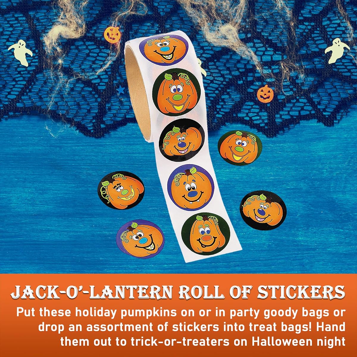 Fun Express Jack O'Lantern Sticker Roll | 3 Pack (300 Stickers) | Perfect for Halloween Themed Party Favors | Ages 3+